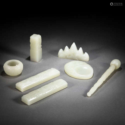 A Set of Chinese Carved White Jade Literati Items