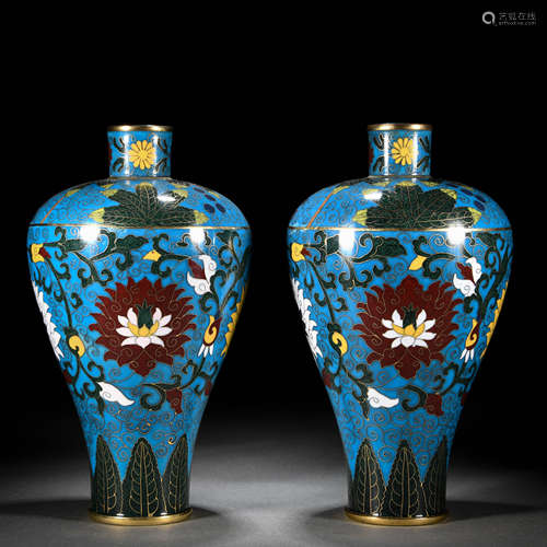 Pair Chinese Cloisonne Enamel Lotus Scrolls Vases