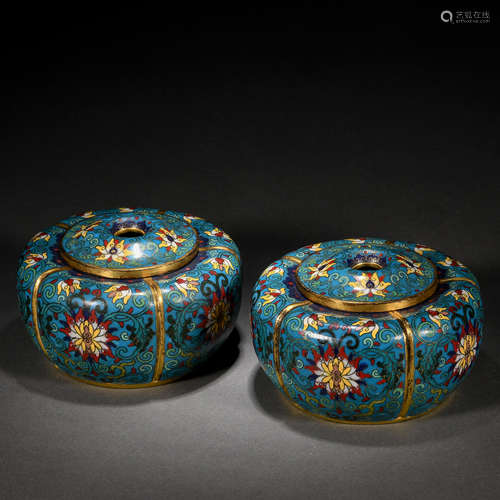 Pair Chinese Cloisonne Chess Boxes