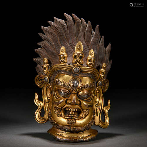 A Tibetan Bronze-gilt Mahakala Head