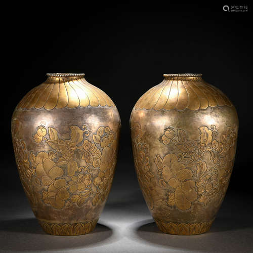 Pair Chinese Copper Allpy Floral Vase