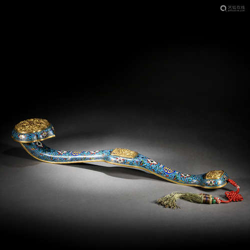 A Chinese Jade Inlaid Cloisonne Enamel Ruyi Scepter