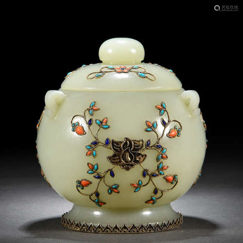 A Chinese Hardstones Inlaid White Jade Jar with Cover