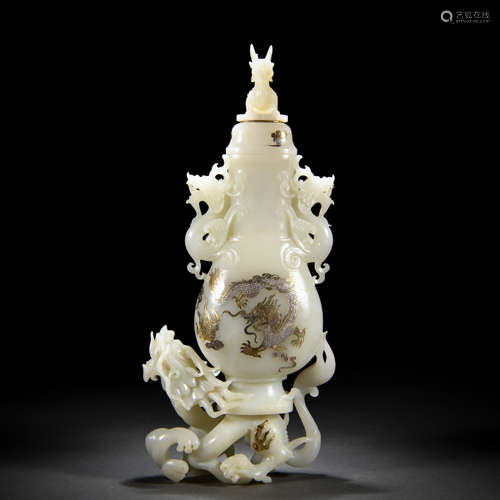 A Chinese Carved White Jade Vase with Cover