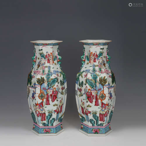 Pair of Wucai Character Story Porcelain Vase