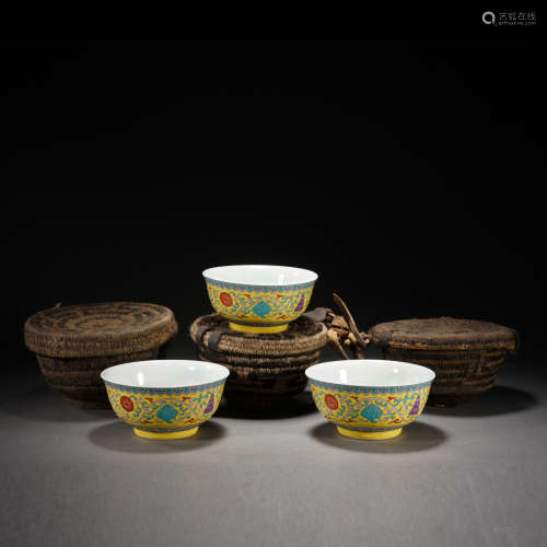 Group of Three Famille Rose Yellow Base Eight Treasure Porce...