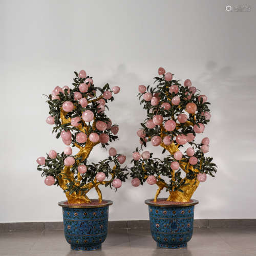 Pair of Pink Crystal Peach Tree with Cloisonne Flower Pot