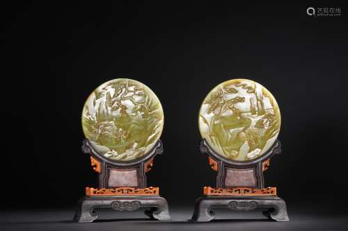 Pair of Yellow Jade Landscape and Character Story Table Plaq...