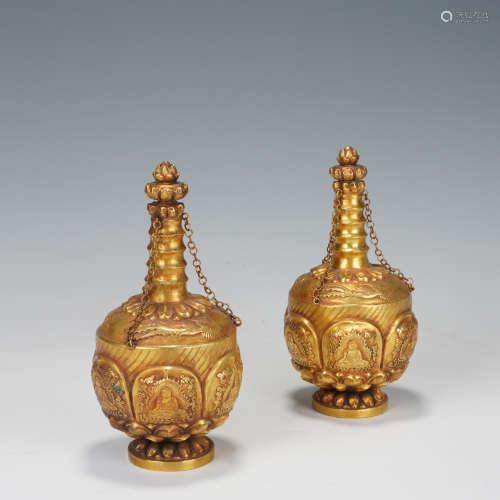 Pair of Gilt Bronze Buddha Pattern Pot