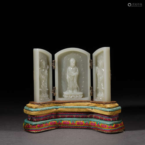Group of Three Jade Carved Standing Buddha Ornament