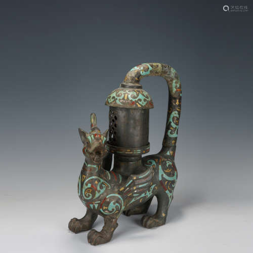 Turquoise Silver and Gold Inlaid Chinese Bronze Beast Shape ...
