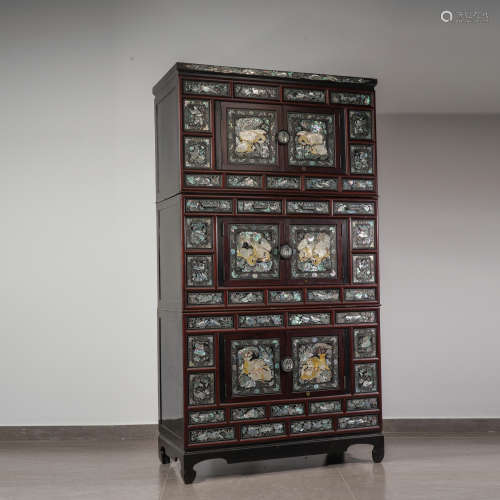 Wood Mother of Pearl Inlaid Flower Bird Pattern Cabinet