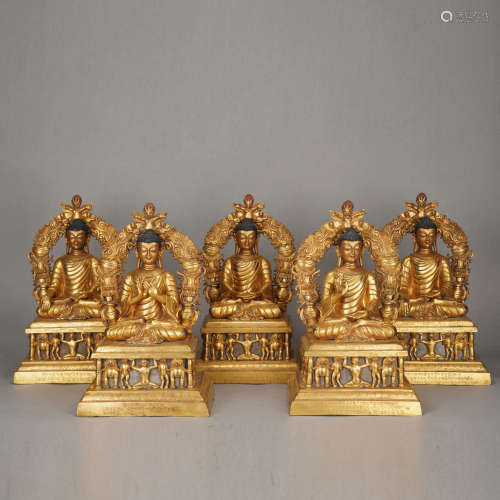 Group of Five Gilt Bronze Budda Figure