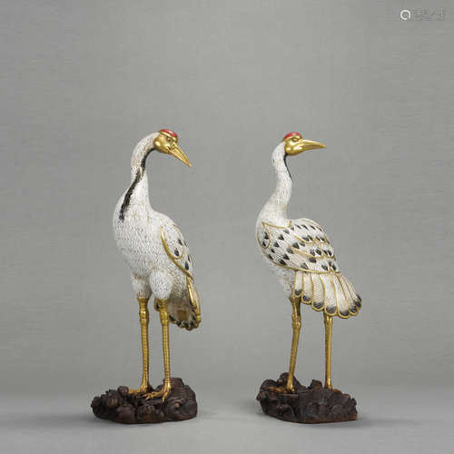 Pair of Cloisonne Gilt Bronze Crane Figure