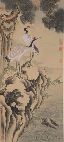 Chinese Drawing Double Crane Painting,Shen Quan Mark