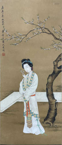 Chinese Drawing Beauty and Plum Flower Painting,Gai Qi Mark