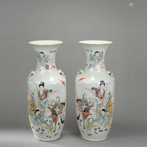 Pair of Famille Rose Character Story Porcelain Vase