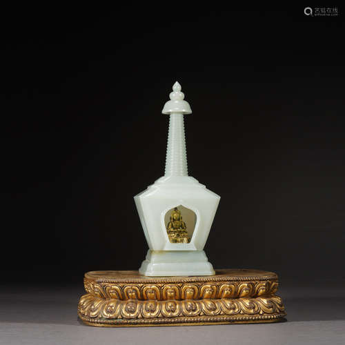 Jade Buddha Niche and Gilt Bronze Infinite Life Buddha Figur...