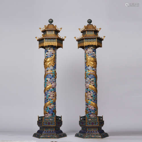 Pair of Bronze Cloisonne Gilt Bronze Carved Dragon Pattern C...