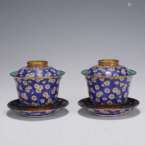 Pair of Bronze Enamel Blue Base Flower Pattern Tea Cup