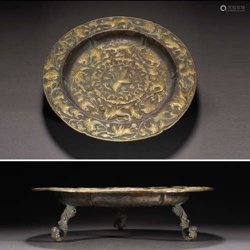 Gilt Silver Carved Crane and Flower Pattern Three Foot Plate