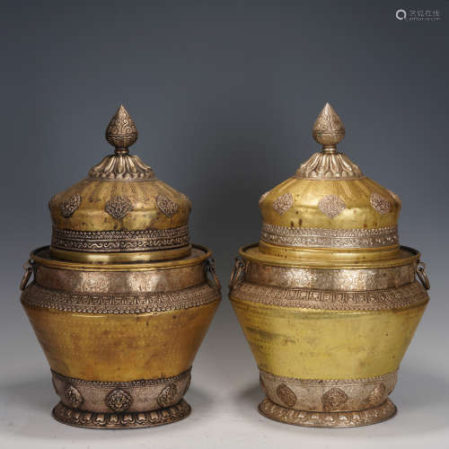 Pair of White Copper Carved Flower Pattern Pot