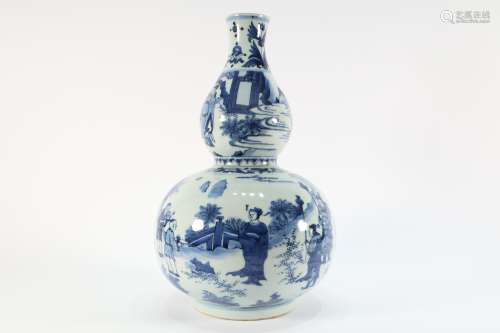 Blue and White Drawing Character Pattern Porcelain Gourd Vas...