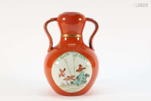 Red Base Drawing Bird and Flower Pattern Double Ears Porcela...