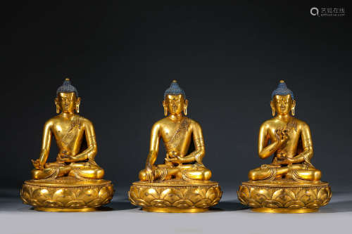 Group of Three Gilt Bronze Sakyamuni Figure