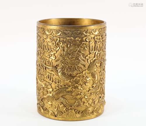 Gilt Bronze Carved Dragon Pattern Brush Pot