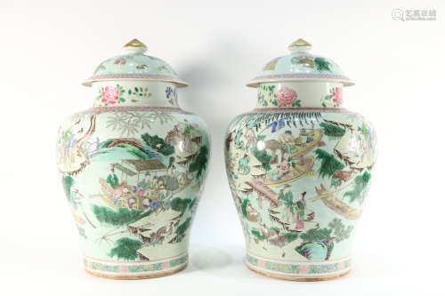 Pair of Famille Rose Drawing Character and Flower Pattern Po...