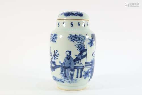 Blue and White Drawing Character Pattern Porcelain Lid Pot