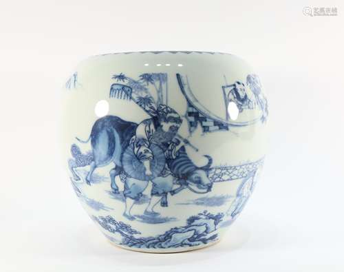 Blue and White Drawing Character and Ox Pattern Porcelain Po...