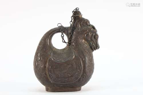 Bronze Carved Flower Pattern Horse Shape Handle Pot