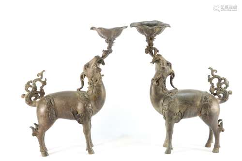 Pair of Bronze Ram and Lotus Flower Figure