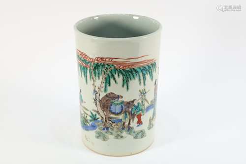 Wucai Drawing Character Pattern Porcelain Brush Pot