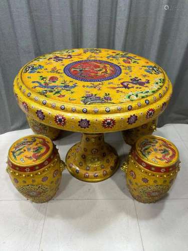 Bronze Cloisonne Dragon Pattern Round Tale with Chair