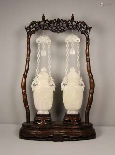 Pair of White Jade Vase with Chain