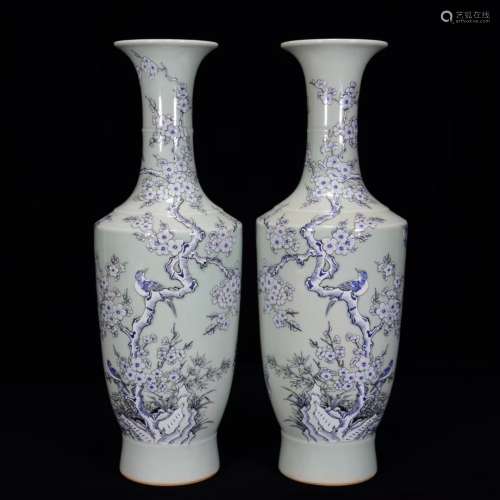Pair of Famille Rose Magpie with Plum Flower Porcelain Vase