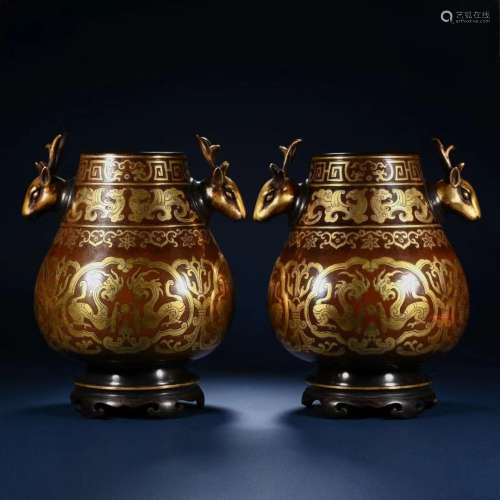 Pair of Bronze Gold Drawing Dragon Pattern Double Deer Ears ...