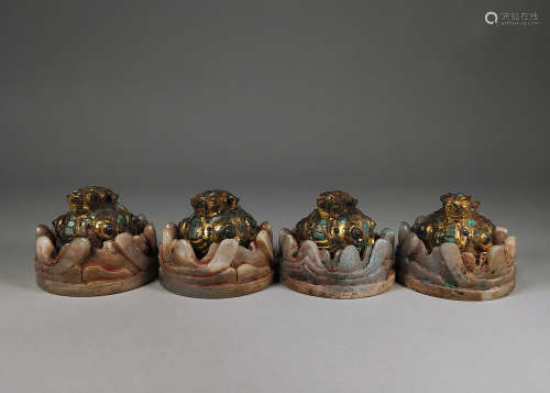 Group of Four Gilt Bronze Beast Paper Weight with Jade Base