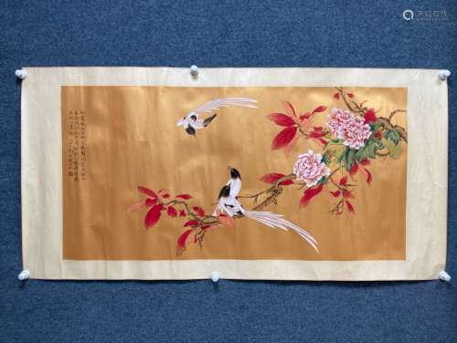 Chinese Drawing Gold Paper Flower and Bird Painting,Yu Feian...