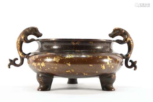 Bronze Gold Drawing Double Dragon Ears Incense Burner