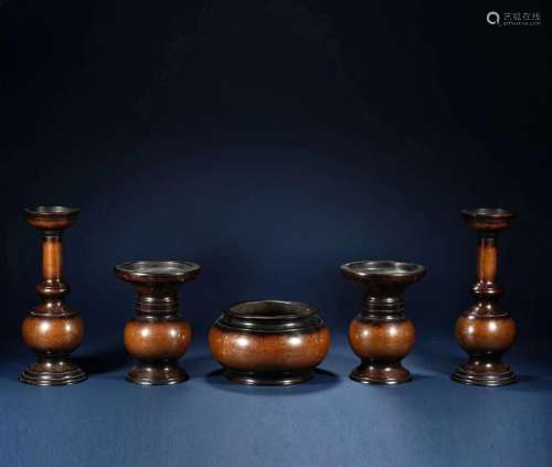 Group of Five Bronze Silver Inlaid Gold Drawing Incense Burn...