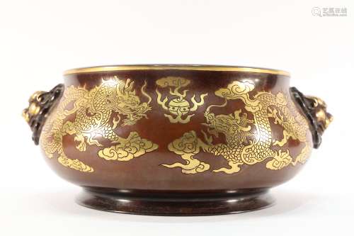 Bronze Gold Drawing Dragon Pattern Double Ears Incense Burne...