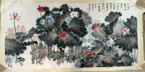 Chinese Drawing Lotus Flower Painting,Zhang Daqian Mark