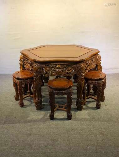 Group of Chinese Wood Hexagon Round Table with Chair