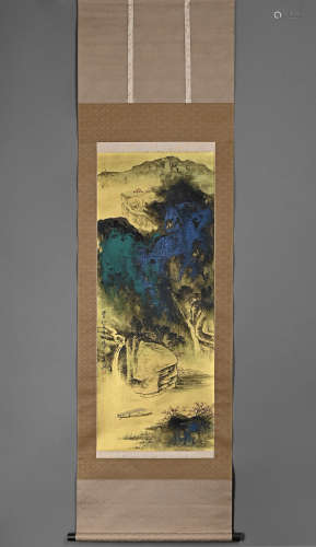 Chinese Drawing Gold Paper Coloured Landscape Painting,Zhang...