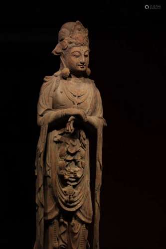 Wood Standing GuanYin Figure Statue