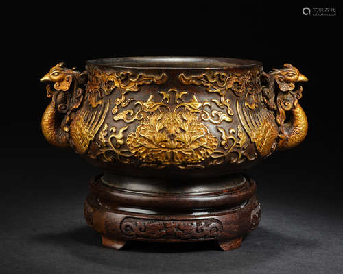 Gilt Bronze Phoenix Ear with Flower Pattern Incense Burner